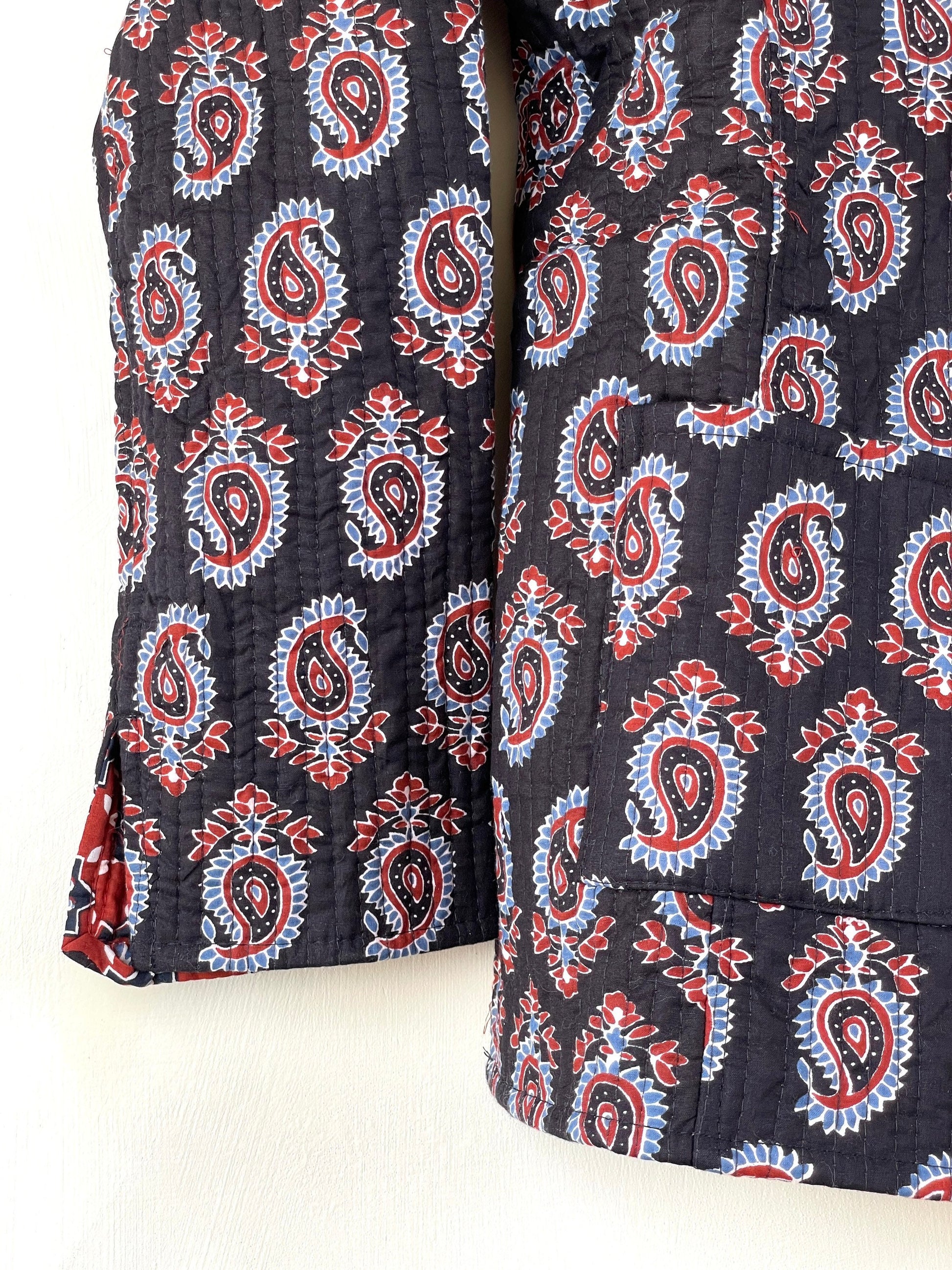 Indian Handmade Quilted Fabric Jacket Stylish Black & Red Women's Coat, Reversible Coat for Her