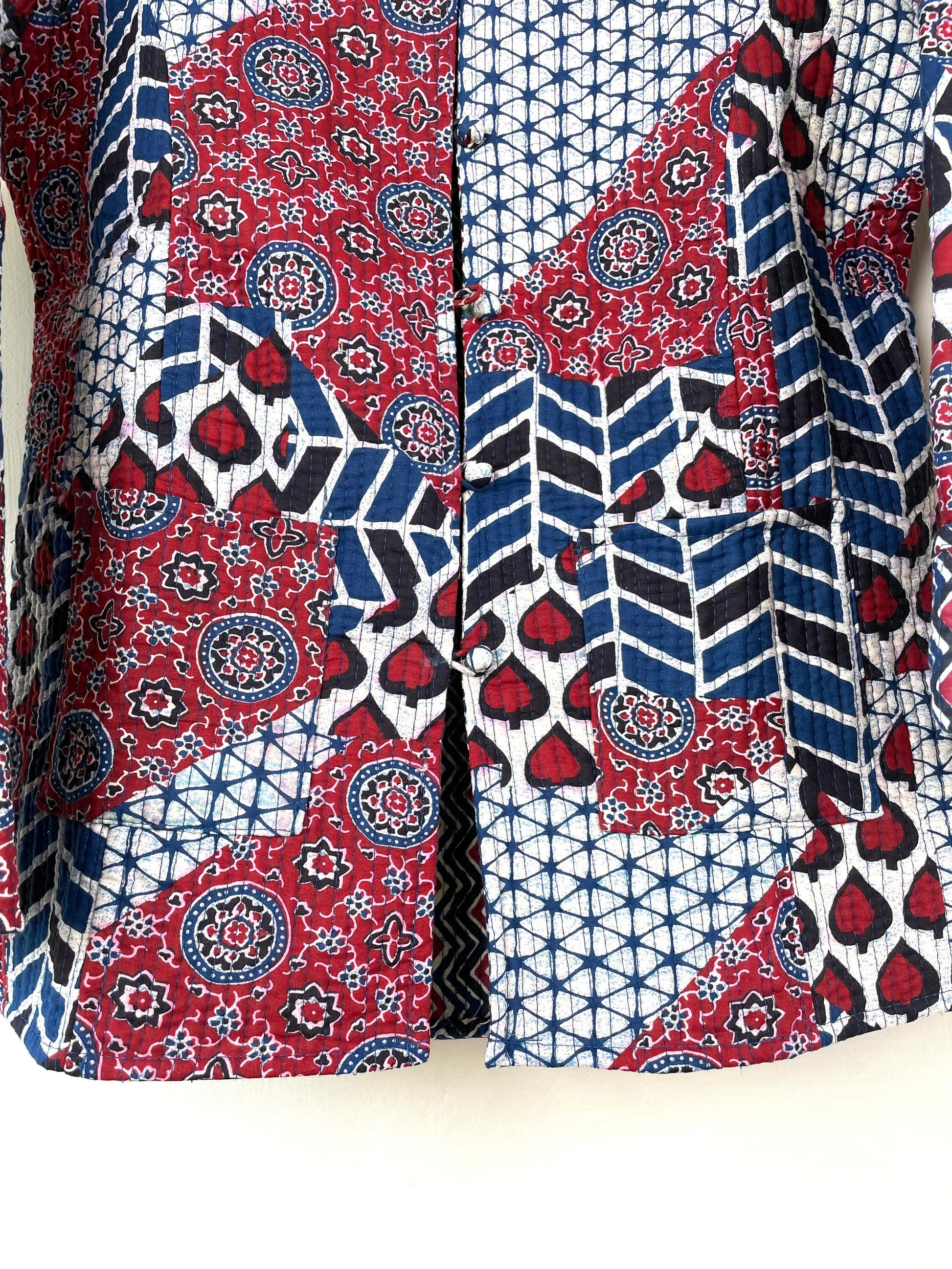 Indian Handmade Quilted Cotton Fabric Jacket Stylish Red, White & Blue Women's Coat, Reversible Waistcoat for Her