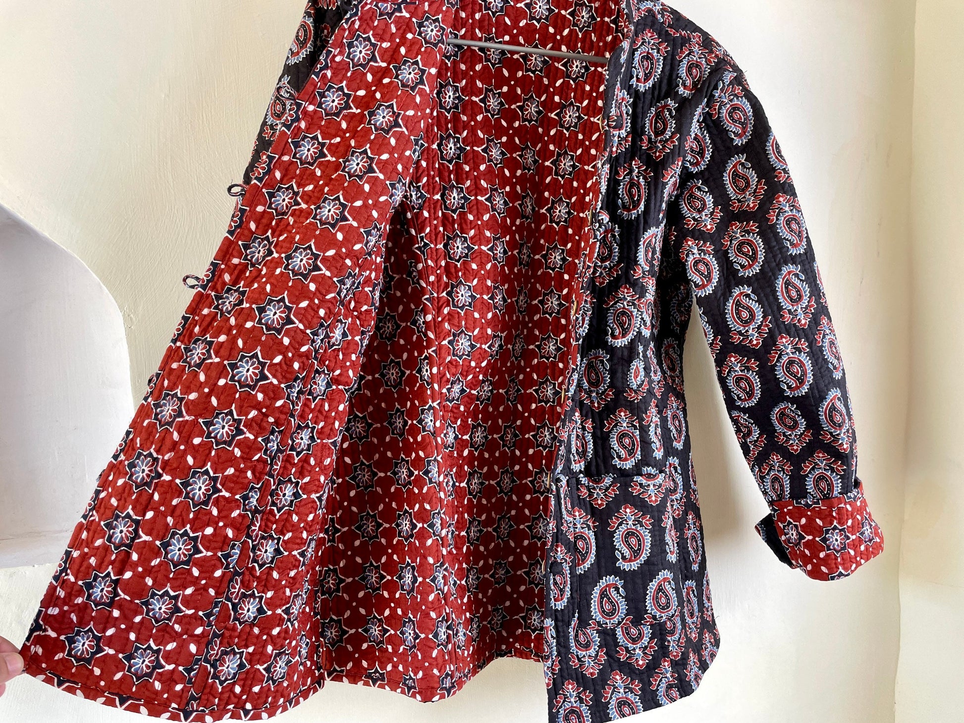 Indian Handmade Quilted Fabric Jacket Stylish Black & Red Women's Coat, Reversible Coat for Her