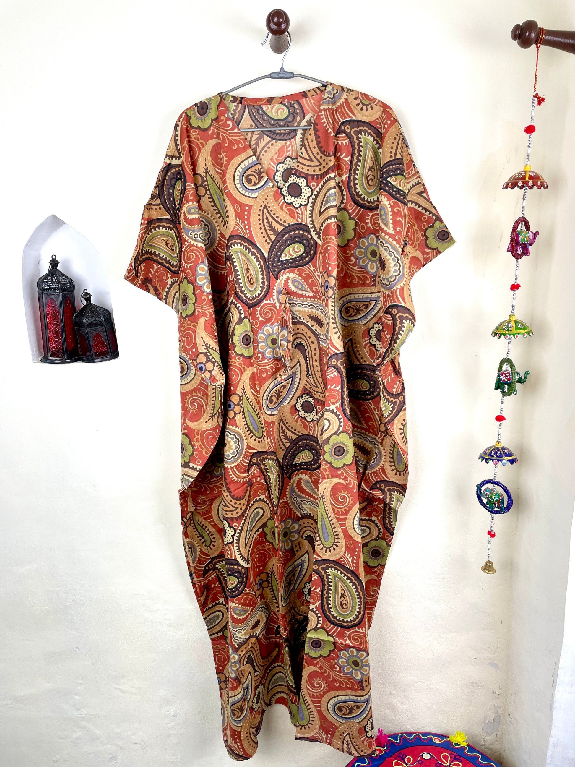 Orange Handmade Cotton Kaftan Dress, Long Caftan, Beach cover up, Hand Print Women's Dress, Resort Wear, Sleepwear