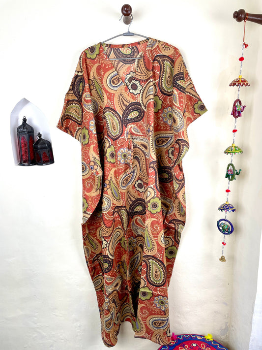 Orange Handmade Cotton Kaftan Dress, Long Caftan, Beach cover up, Hand Print Women's Dress, Resort Wear, Sleepwear