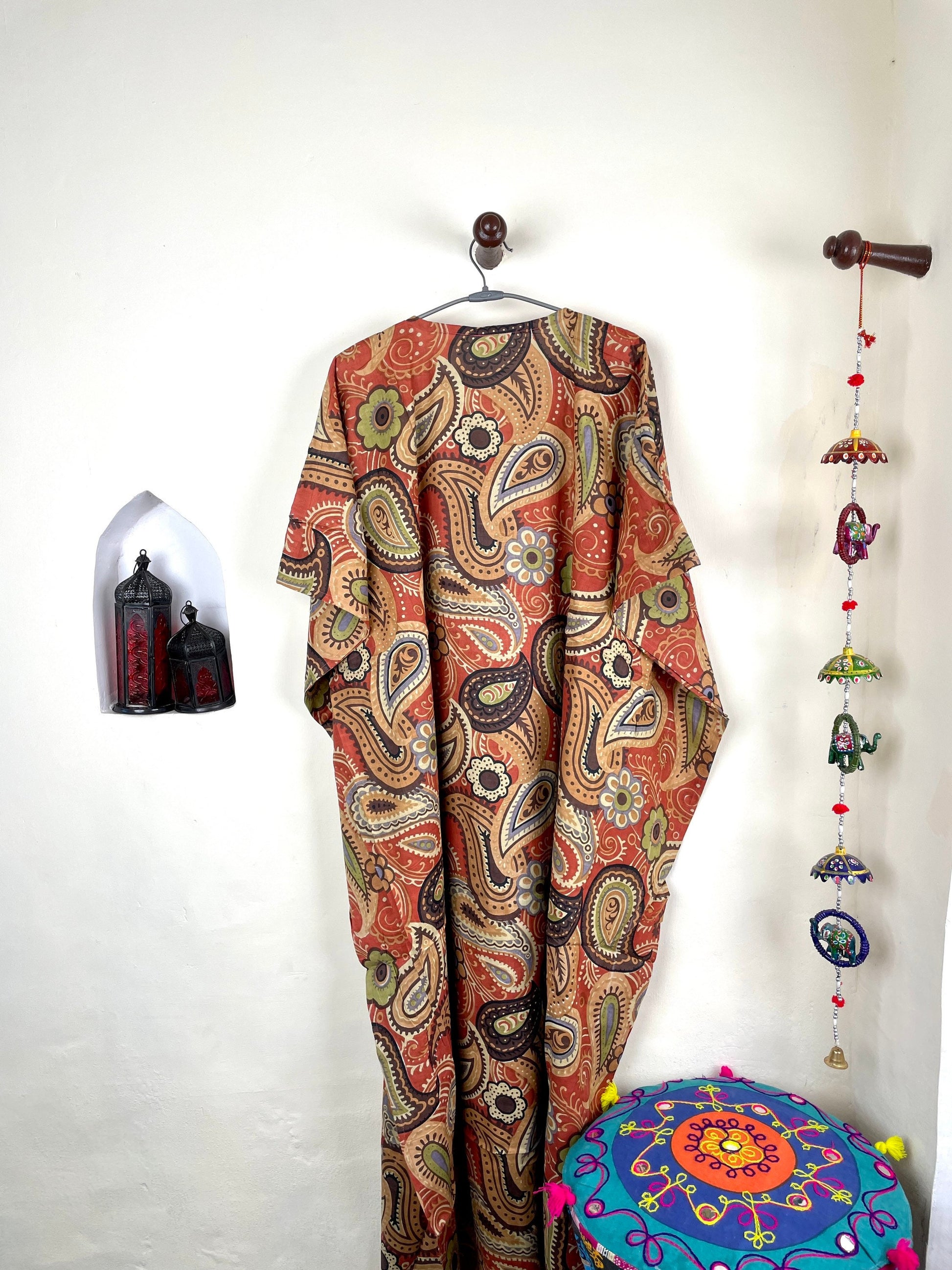 Orange Handmade Cotton Kaftan Dress, Long Caftan, Beach cover up, Hand Print Women's Dress, Resort Wear, Sleepwear