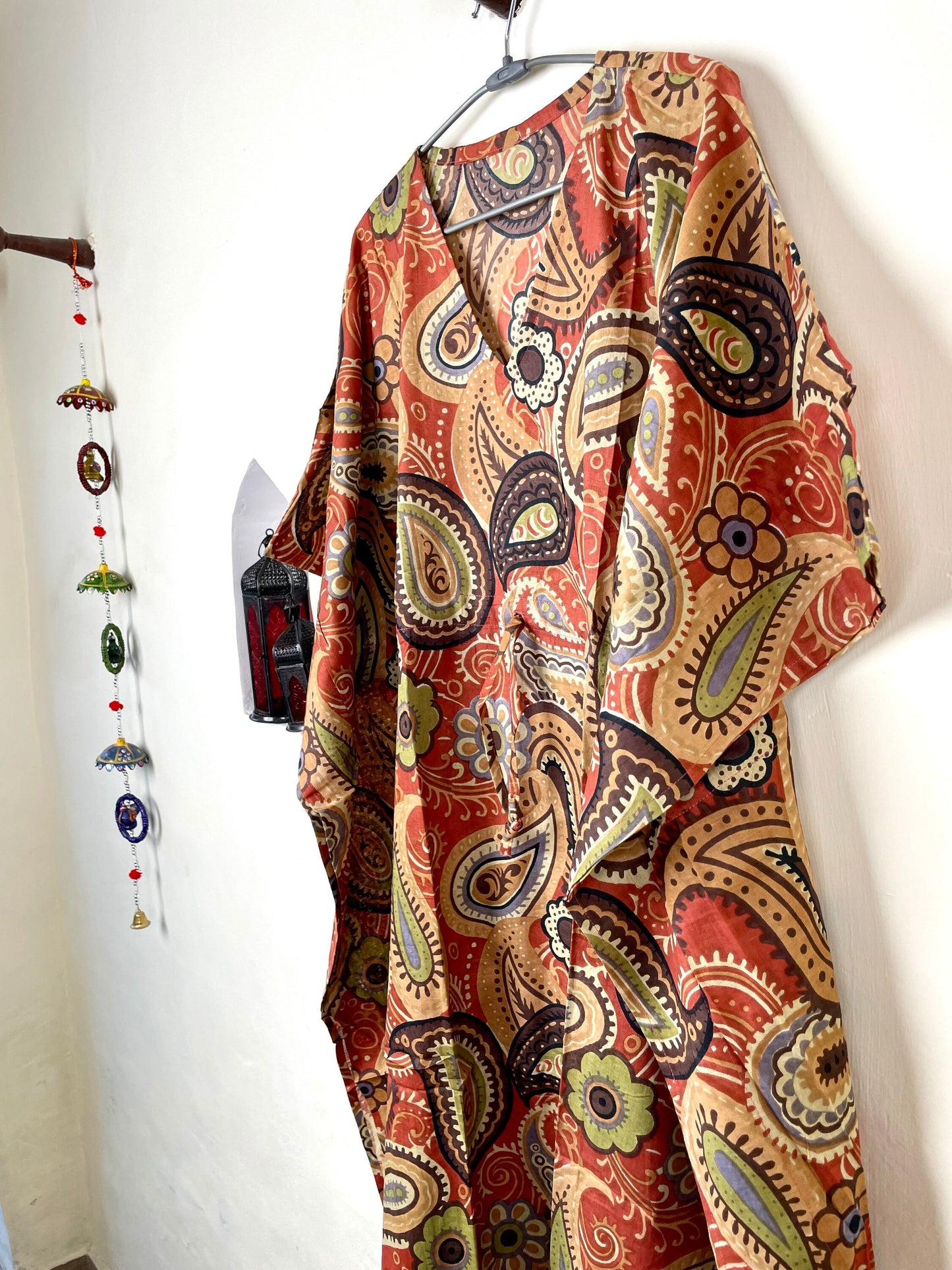 Orange Handmade Cotton Kaftan Dress, Long Caftan, Beach cover up, Hand Print Women's Dress, Resort Wear, Sleepwear