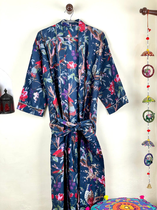 Beautifull Dark Blue Cotton Kimono Robe, Full Length Kimono, Beach cover up, Women's Robe, Resort Wear, Bikini Cover up