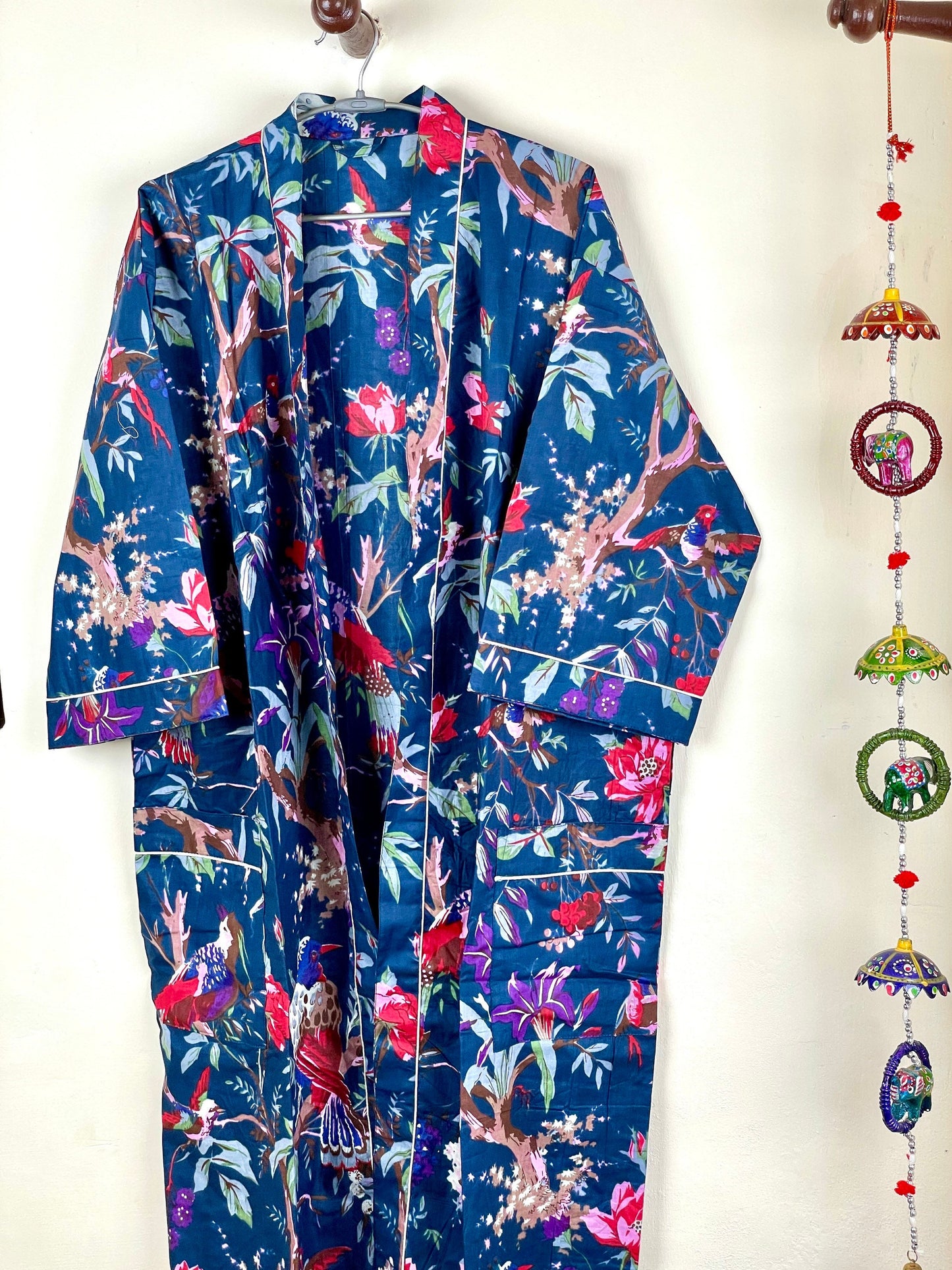 Beautifull Dark Blue Cotton Kimono Robe, Full Length Kimono, Beach cover up, Women's Robe, Resort Wear, Bikini Cover up