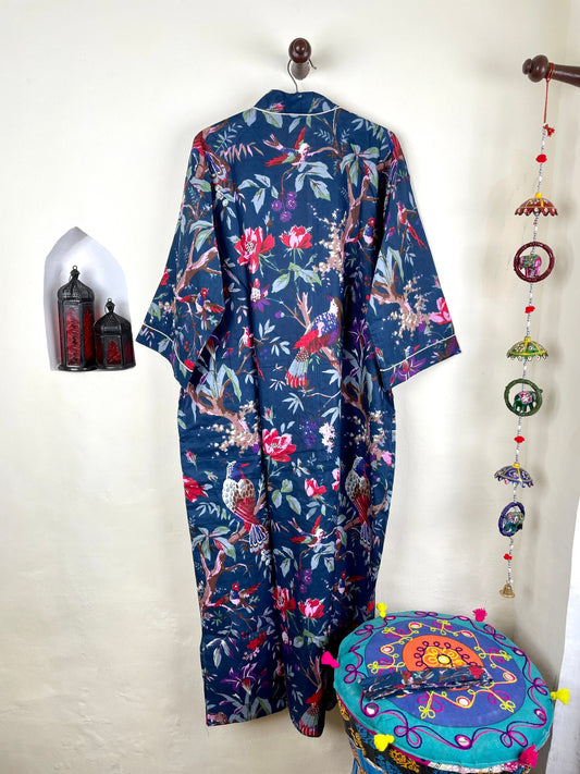Beautifull Dark Blue Cotton Kimono Robe, Full Length Kimono, Beach cover up, Women's Robe, Resort Wear, Bikini Cover up