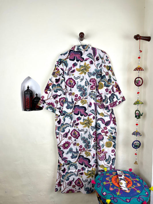 Beautifull White & Purple Floral Cotton Kimono Robe, Full Length Kimono, Beach cover up, Women's Robe, Resort Wear, Bikini Cover ups