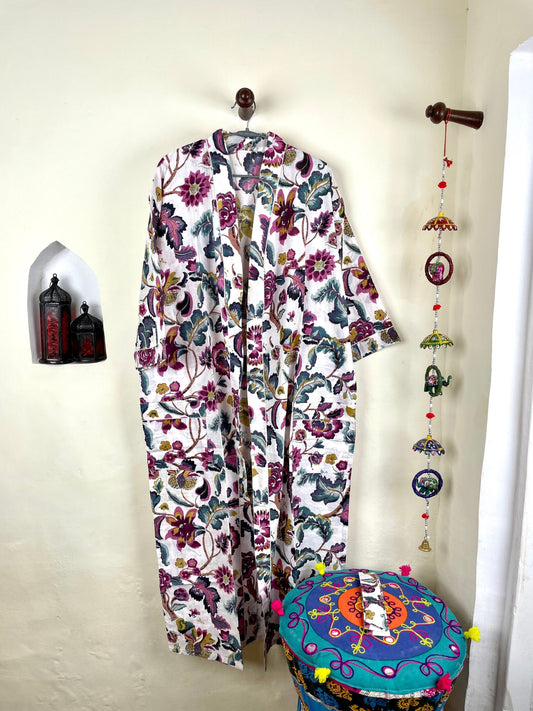 Beautifull White & Purple Floral Cotton Kimono Robe, Full Length Kimono, Beach cover up, Women's Robe, Resort Wear, Bikini Cover ups