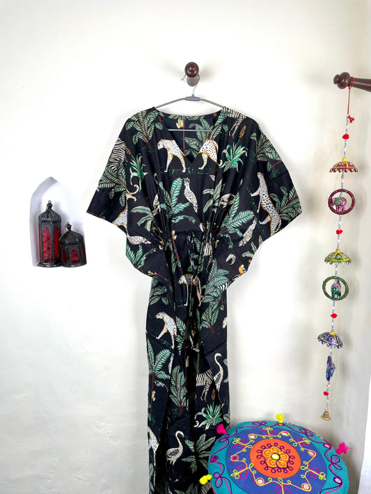 Black Animal Print Handmade Cotton Kaftan Dress, Long Caftan, Beach cover up, Screen Print Women's Dress, Resort Wear, Sleepwear