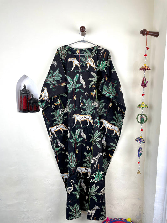Black Animal Print Handmade Cotton Kaftan Dress, Long Caftan, Beach cover up, Screen Print Women's Dress, Resort Wear, Sleepwear