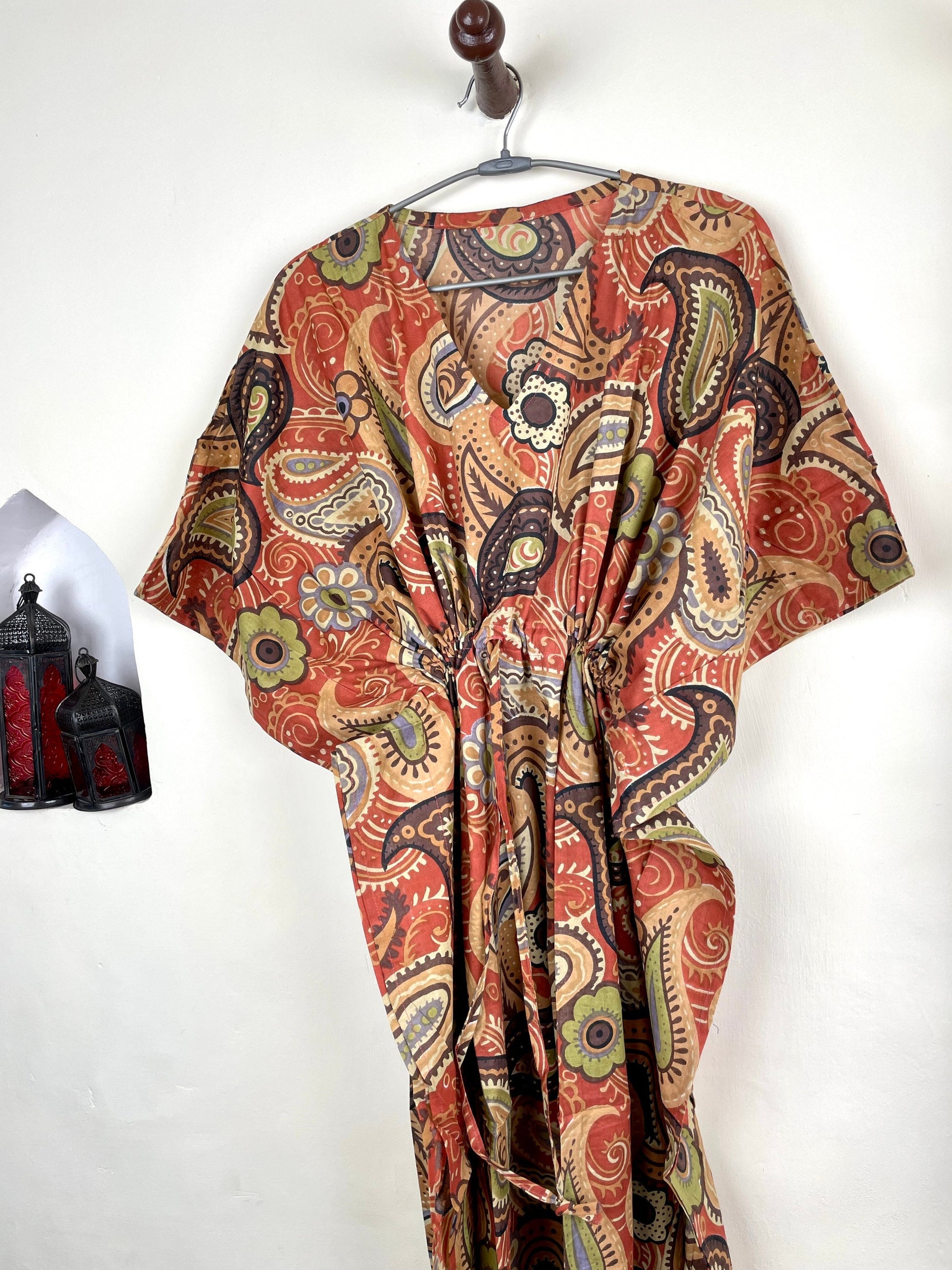 Orange Handmade Cotton Kaftan Dress, Long Caftan, Beach cover up, Hand Print Women's Dress, Resort Wear, Sleepwear