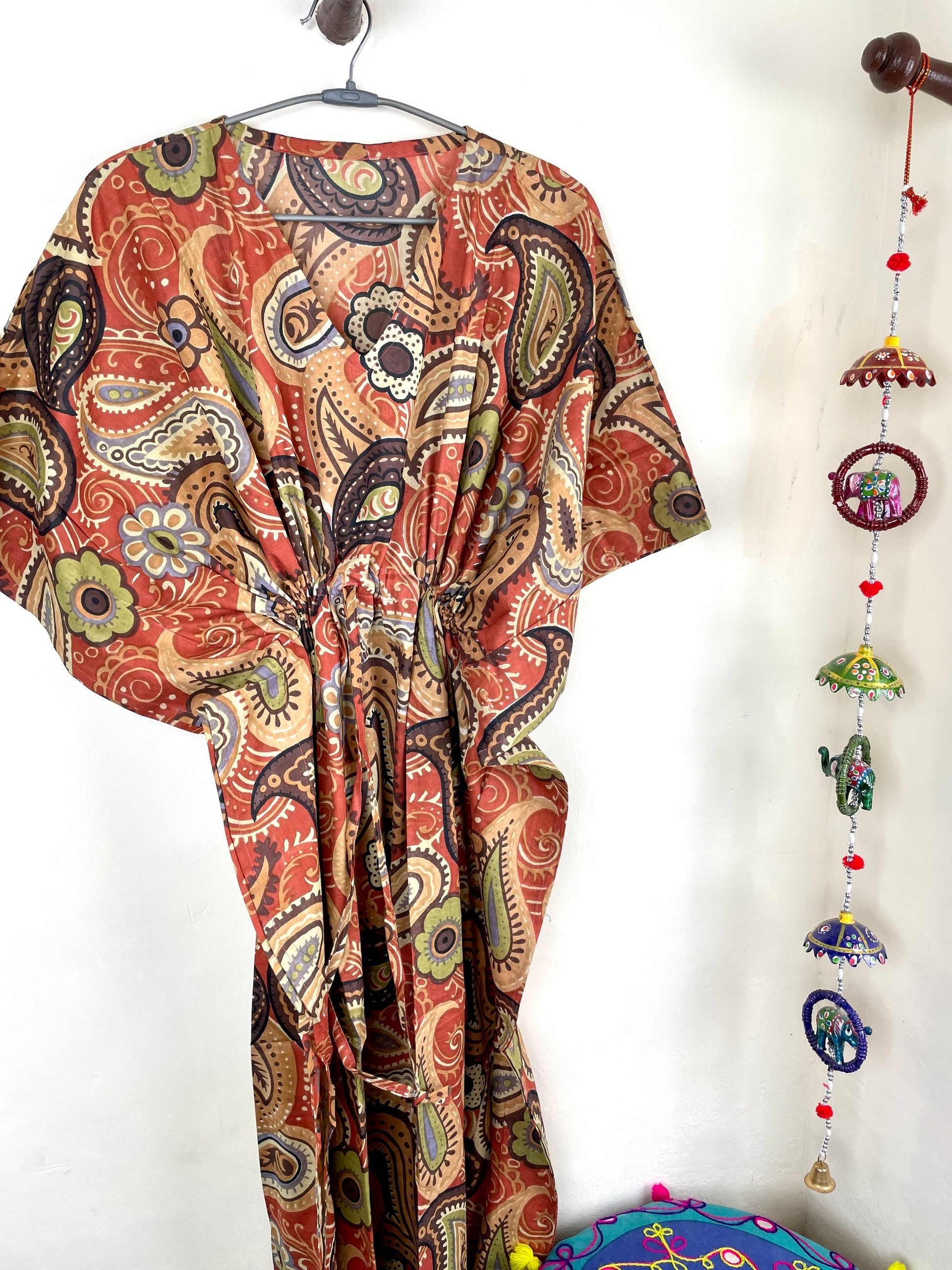 Orange Handmade Cotton Kaftan Dress, Long Caftan, Beach cover up, Hand Print Women's Dress, Resort Wear, Sleepwear