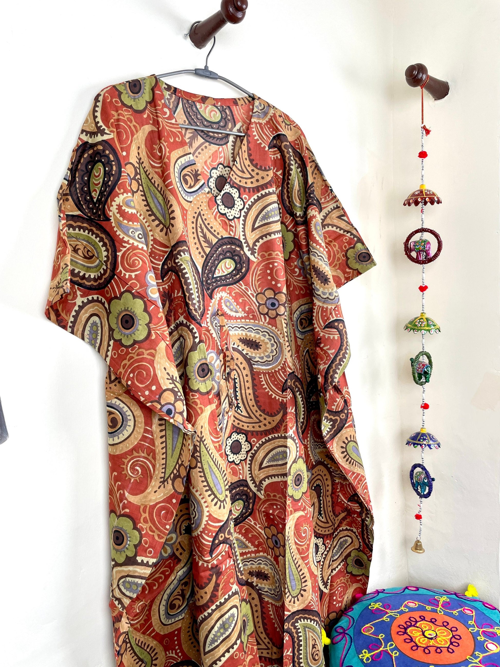 Orange Handmade Cotton Kaftan Dress, Long Caftan, Beach cover up, Hand Print Women's Dress, Resort Wear, Sleepwear