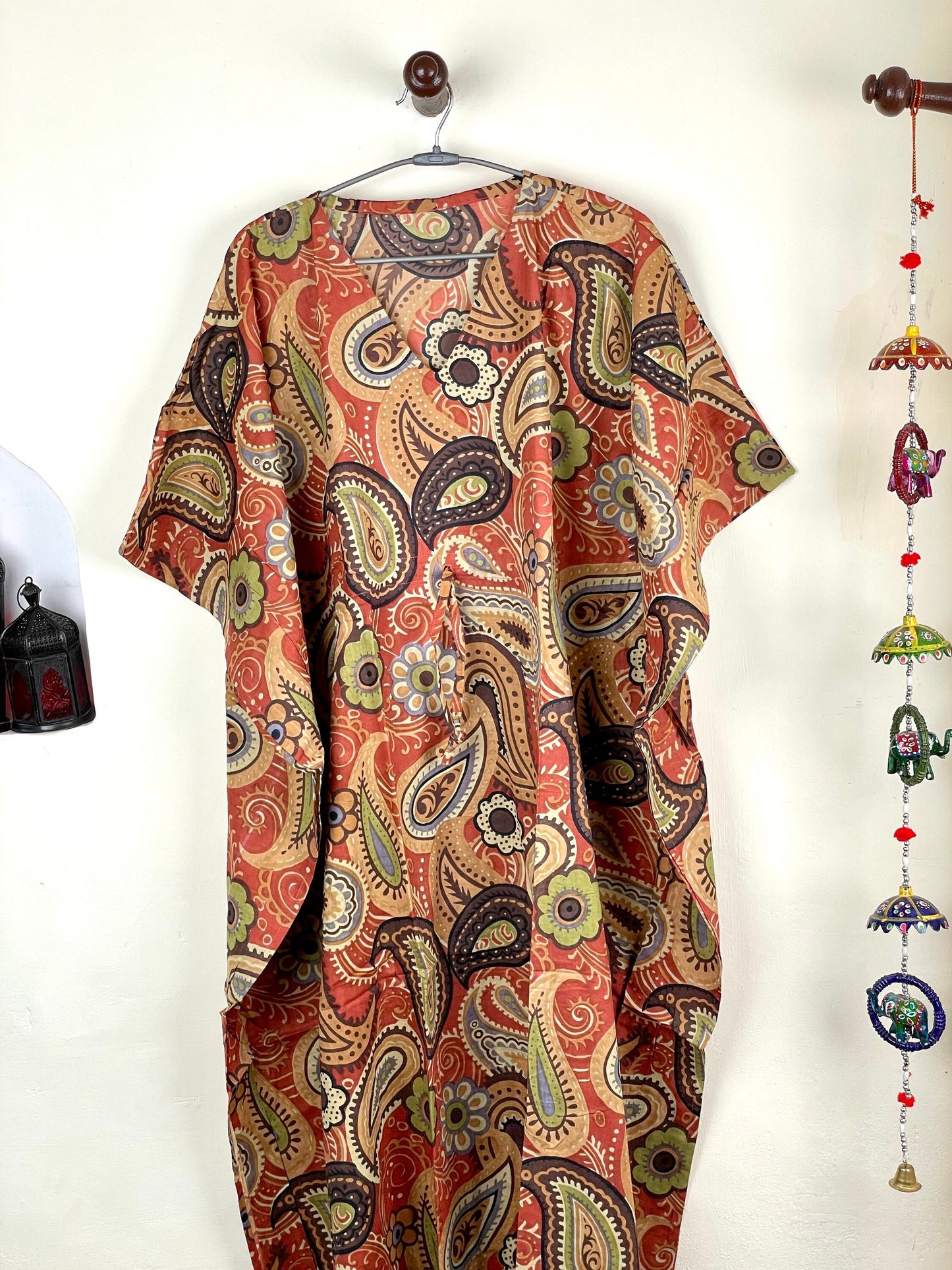 Orange Handmade Cotton Kaftan Dress, Long Caftan, Beach cover up, Hand Print Women's Dress, Resort Wear, Sleepwear