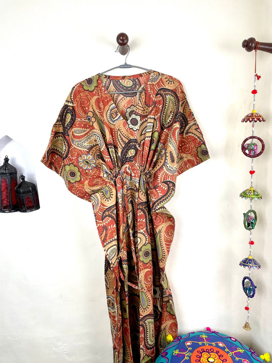 Orange Handmade Cotton Kaftan Dress, Long Caftan, Beach cover up, Hand Print Women's Dress, Resort Wear, Sleepwear