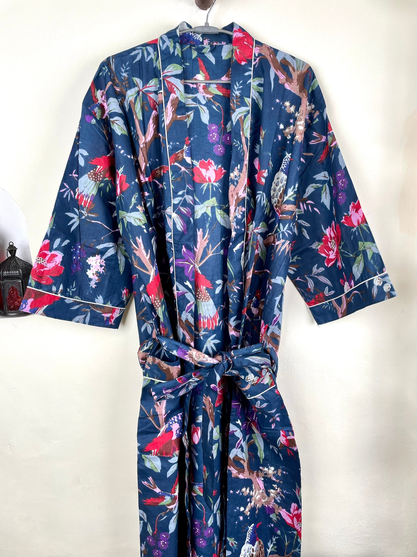 Beautifull Dark Blue Cotton Kimono Robe, Full Length Kimono, Beach cover up, Women's Robe, Resort Wear, Bikini Cover up