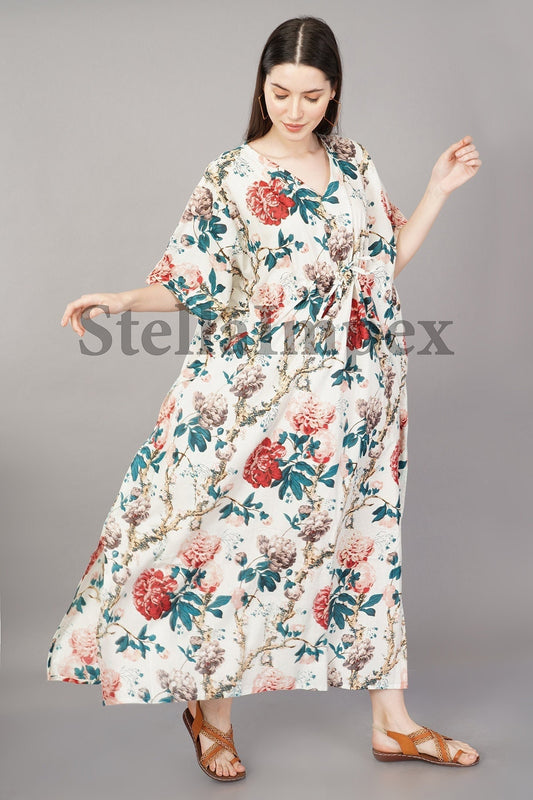 Beautifull Handmade Cotton Kaftan, Elegant White Floral Long Caftan Resort Wear Beach Dress Boho Kaftan, Gift for Her