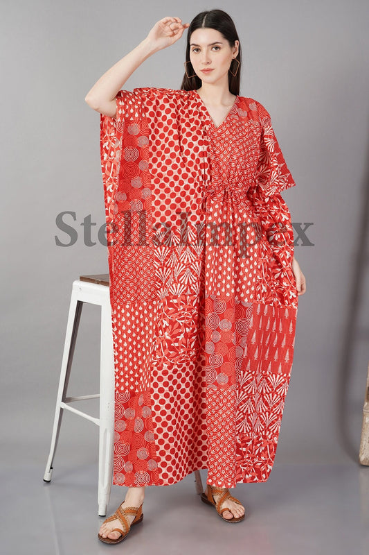 Trendy Handblock Print Cotton Kaftan, Elegant Red Long Caftan Resort Wear Beach Dress Boho Kaftan, Gift for Her