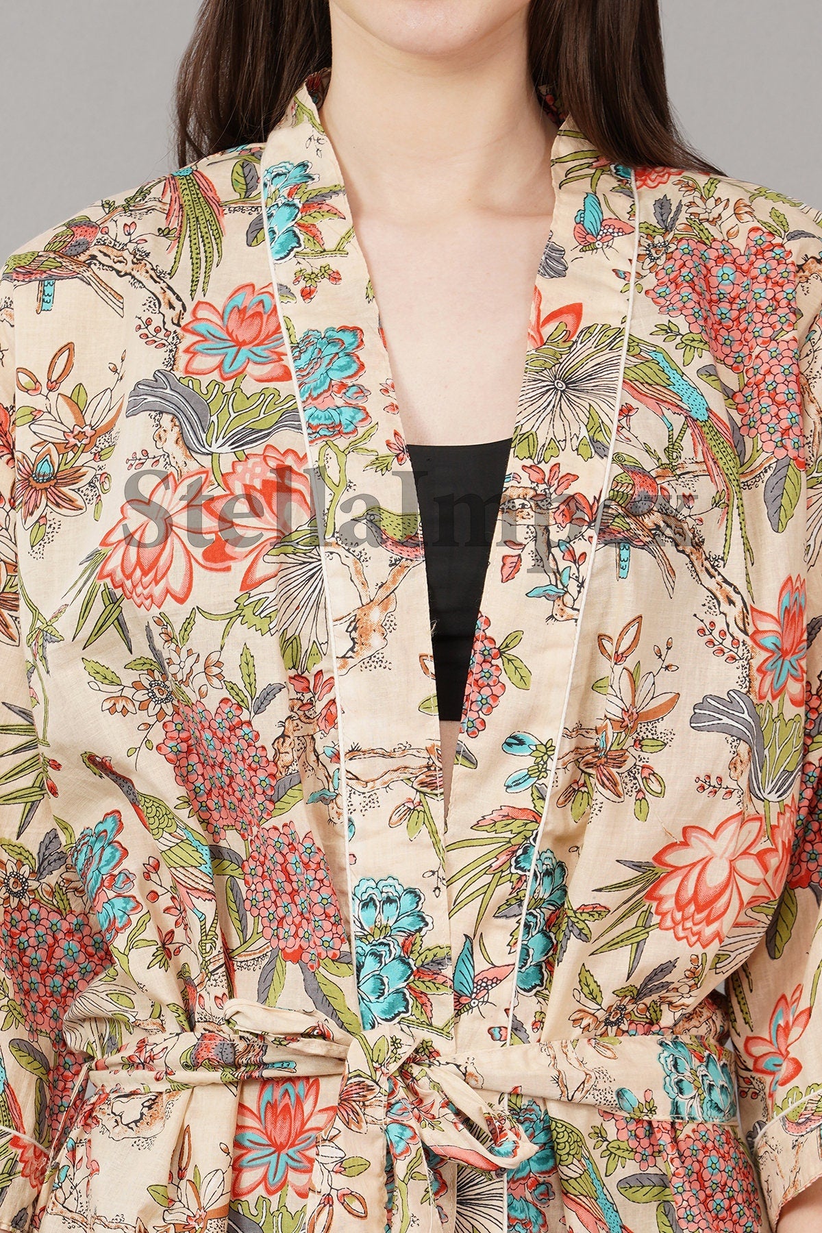Trendy Cotton Kimono Elegant Multi-Color Floral Bathrobe Resort Wear Beach Bikini Cover-ups Boho Kimono Bathrobe, Gift for Her