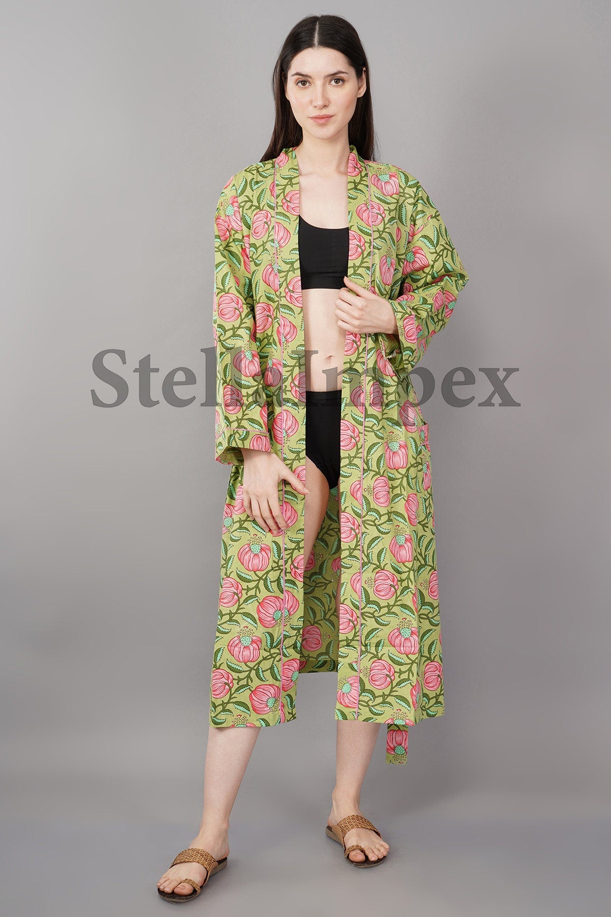 Trendy Cotton Kimono Elegant Green & Pink Floral Bathrobe Resort Wear Beach Bikini Cover-ups Boho Kimono Bathrobe, Gift for Her