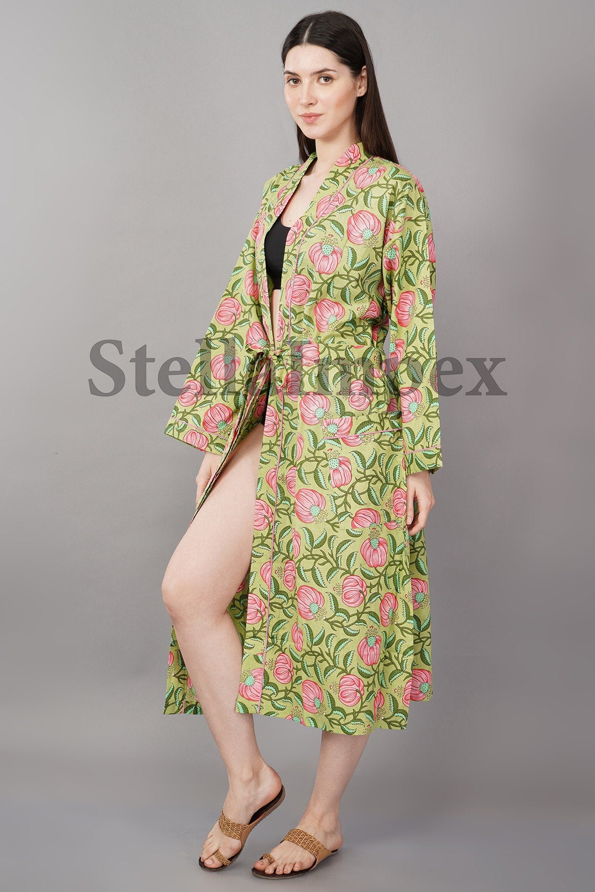 Trendy Cotton Kimono Elegant Green & Pink Floral Bathrobe Resort Wear Beach Bikini Cover-ups Boho Kimono Bathrobe, Gift for Her