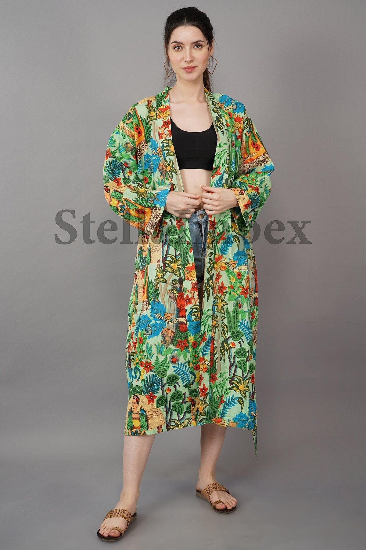 Trendy Cotton Kimono Elegant Green Bathrobe Resort Wear Beach Bikini Cover-ups Boho Kimono Bathrobe, Gift for Her