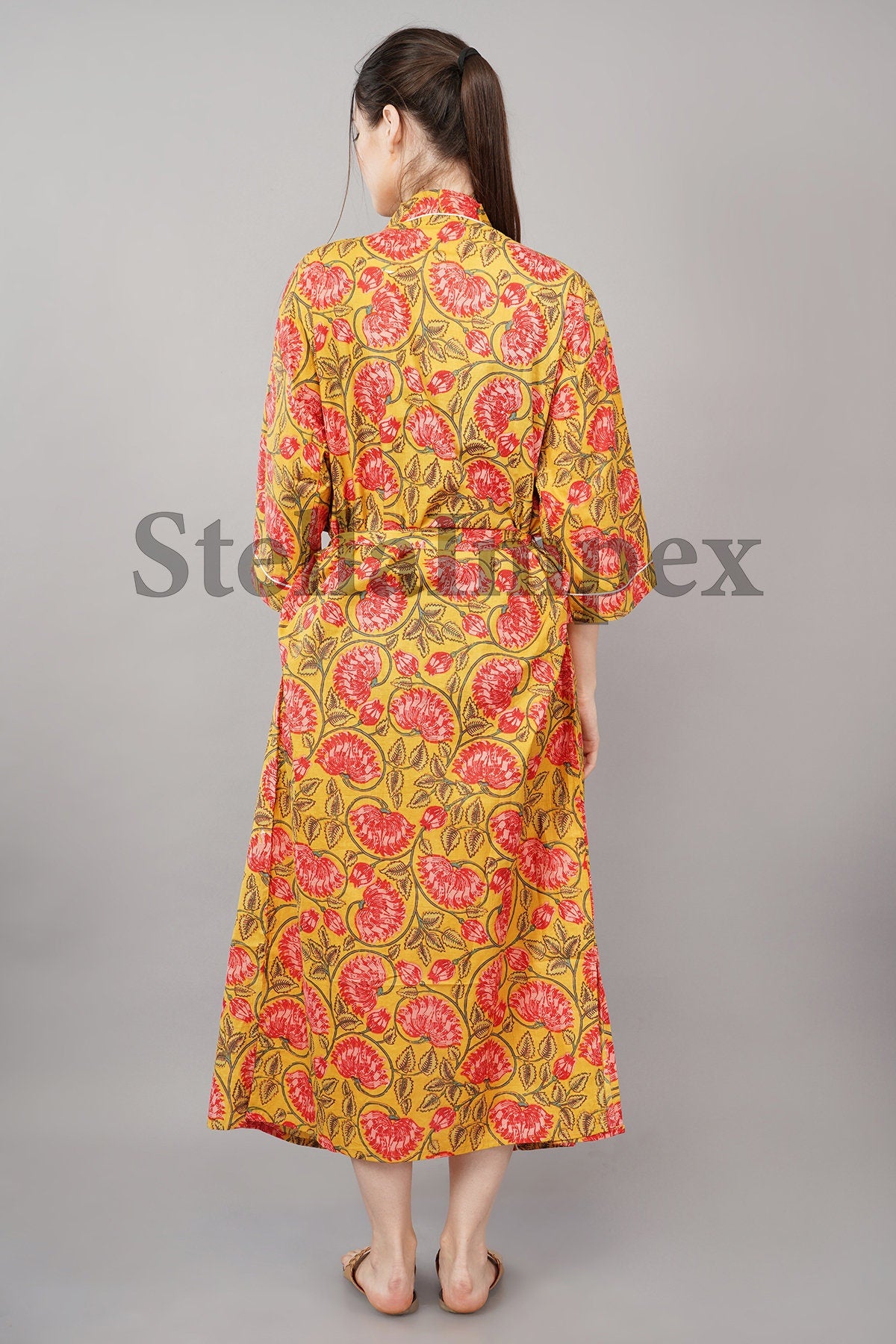 Trendy Cotton Kimono Elegant Yellow & Pink Floral Bathrobe Resort Wear Beach Bikini Cover-ups Boho Kimono Bathrobe, Gift for Her