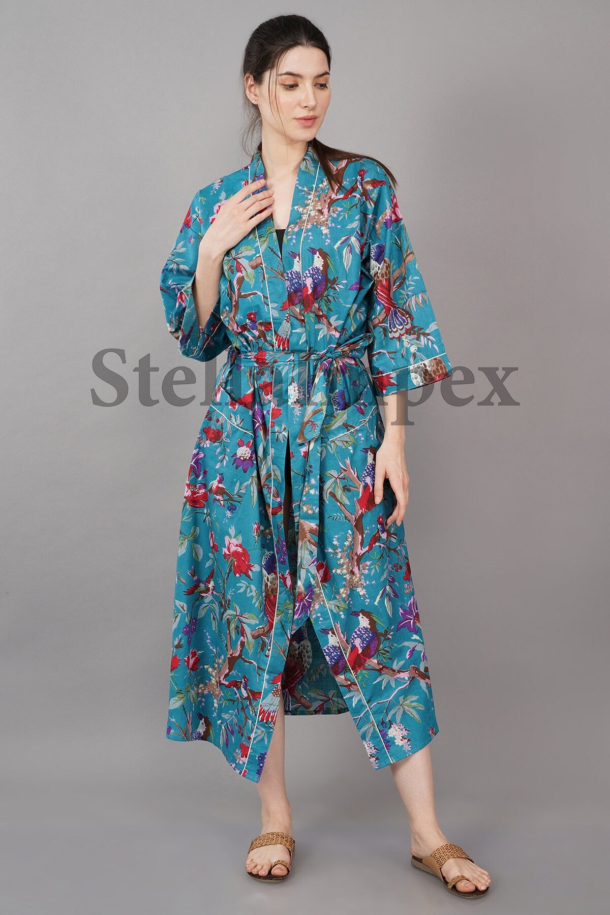 Trendy Cotton Kimono Elegant Blue & Red Floral Bathrobe Resort Wear Beach Bikini Cover-ups Boho Kimono Bathrobe, Gift for Her