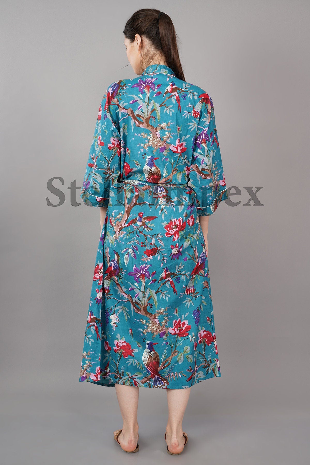 Trendy Cotton Kimono Elegant Blue & Red Floral Bathrobe Resort Wear Beach Bikini Cover-ups Boho Kimono Bathrobe, Gift for Her