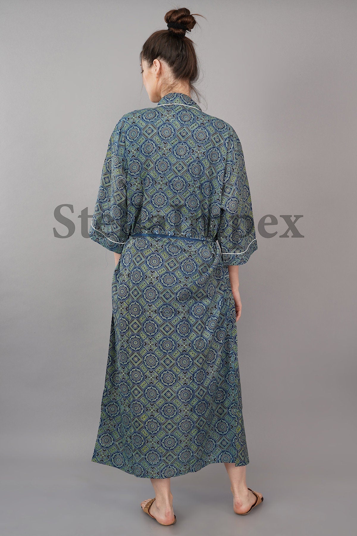 Indian Handmade Cotton Kimono Elegant Blue & Green Bathrobe Resort Wear Beach Bikini Cover-ups Boho Kimono Bathrobe, Gift for Her
