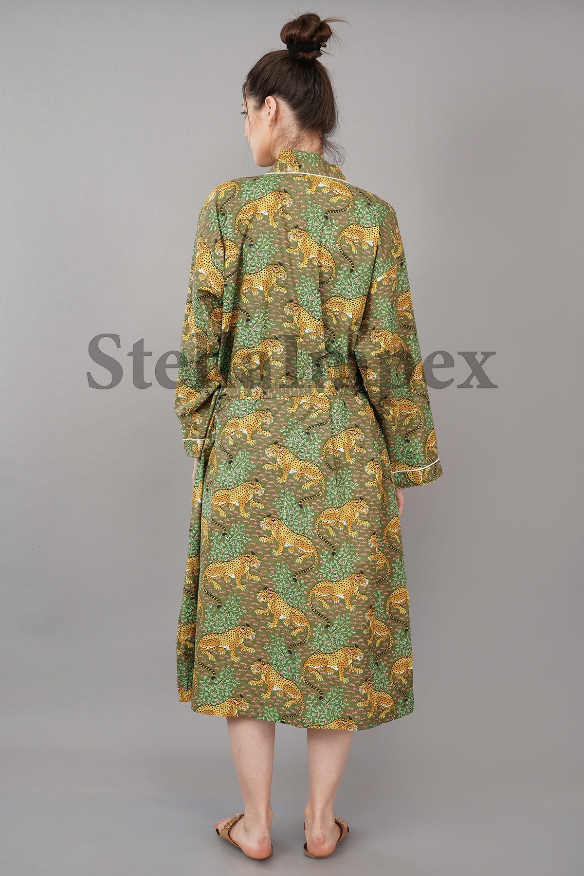 Indian Handmade Cotton Kimono Elegant Green Leopard Print Bathrobe Resort Wear Beach Bikini Cover-ups Boho Kimono Bathrobe, Gift for Her