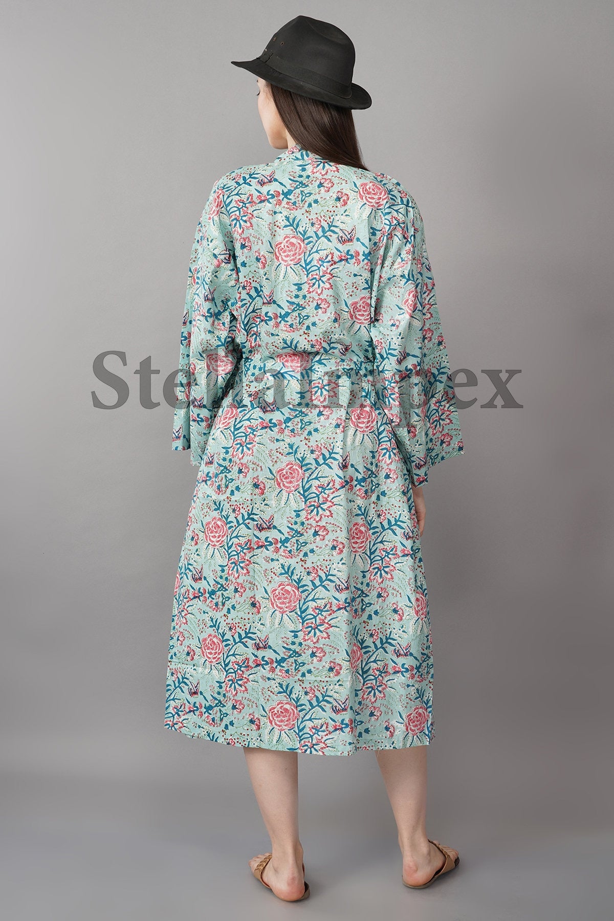 Trendy Cotton Kimono Elegant Blue & Pink Floral Bathrobe Resort Wear Beach Bikini Cover-ups Boho Kimono Bathrobe, Gift for Her