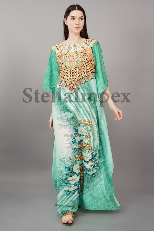 Trendy Polyester Silk Kaftan Elegant Green & Gold Long Caftan Resort Wear Beach Dress Boho Kaftan, Gift for Her