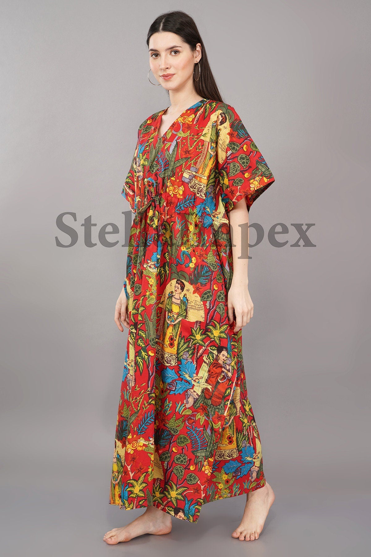 Trendy Cotton Kaftan Elegant Red Frida Kahlo Print Long Caftan Resort Wear Beach Dress Boho Kaftan, Gift for Her