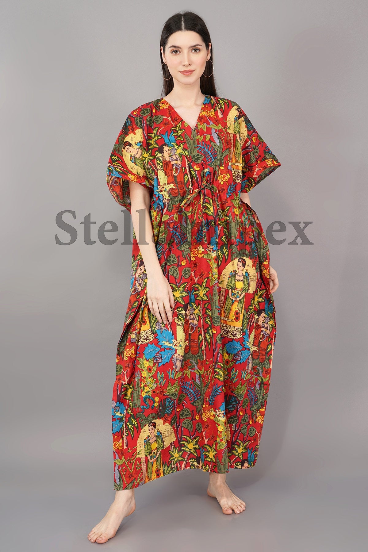 Trendy Cotton Kaftan Elegant Red Frida Kahlo Print Long Caftan Resort Wear Beach Dress Boho Kaftan, Gift for Her