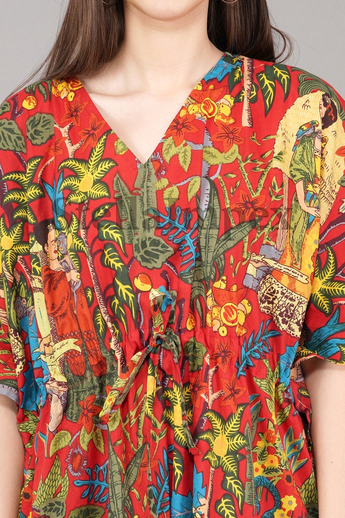 Trendy Cotton Kaftan Elegant Red Frida Kahlo Print Long Caftan Resort Wear Beach Dress Boho Kaftan, Gift for Her