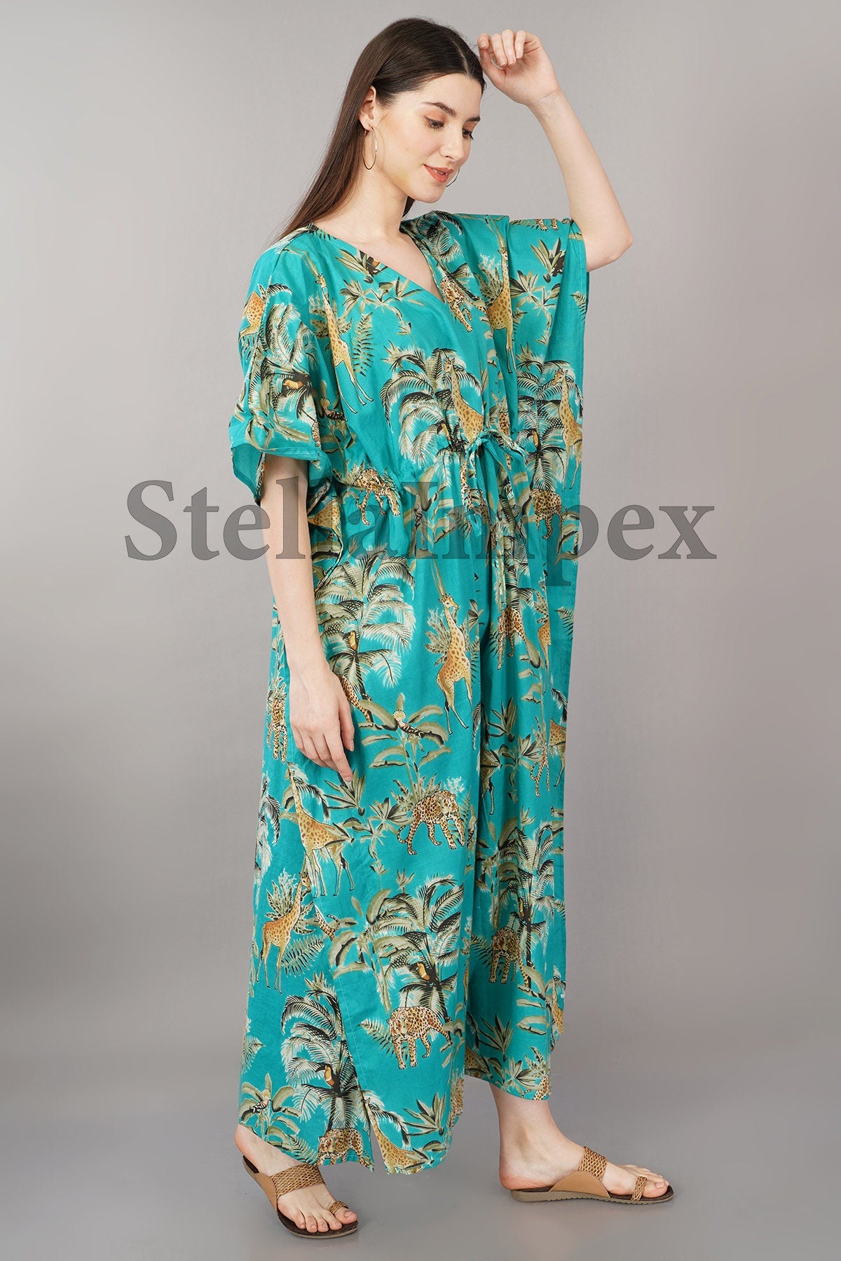 Trendy Cotton Kaftan Elegant Blue Printed Long Caftan Resort Wear Beach Dress Boho Kaftan, Gift for Her