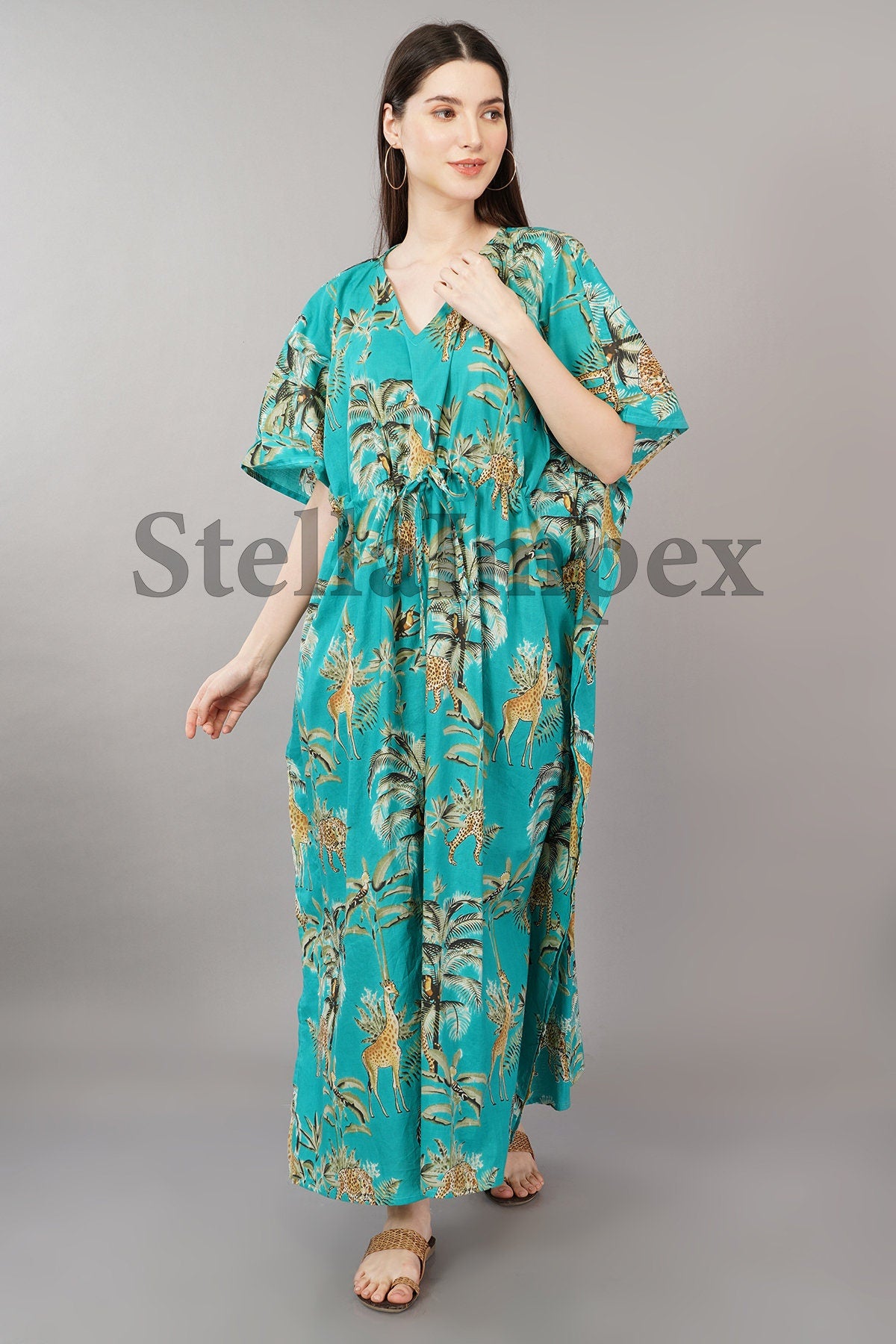 Trendy Cotton Kaftan Elegant Blue Printed Long Caftan Resort Wear Beach Dress Boho Kaftan, Gift for Her