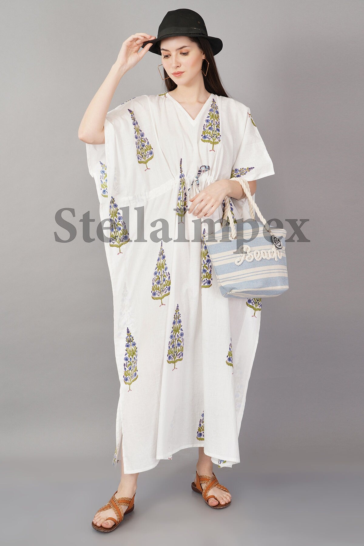 Trendy Hand block Printed Cotton Kaftan Elegant White Long Caftan Resort Wear Beach Dress Boho Kaftan, Gift for Her