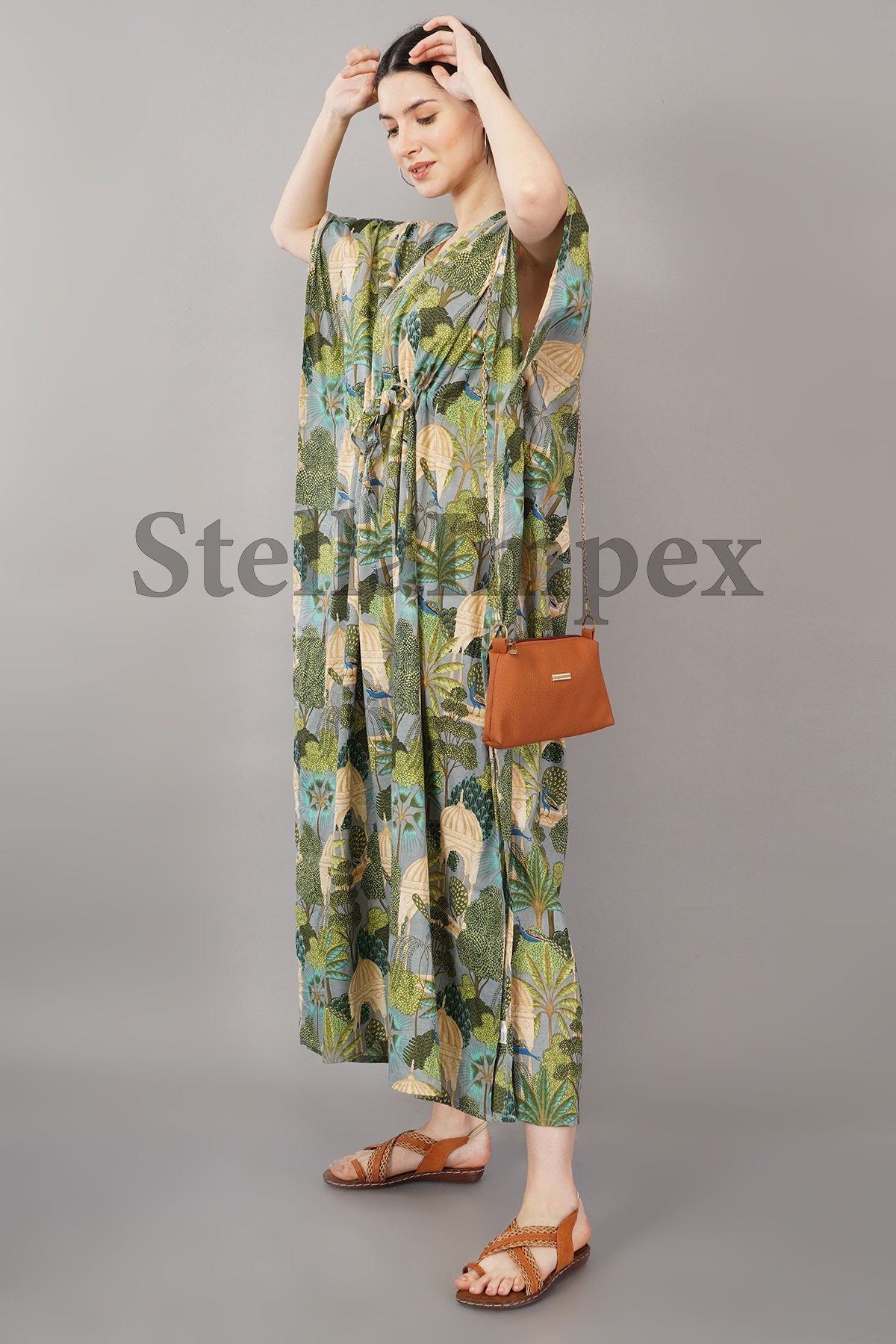 Trendy Cotton Kaftan Elegant Green & Grey Long Caftan Resort Wear Beach Dress Boho Kaftan, Gift for Her