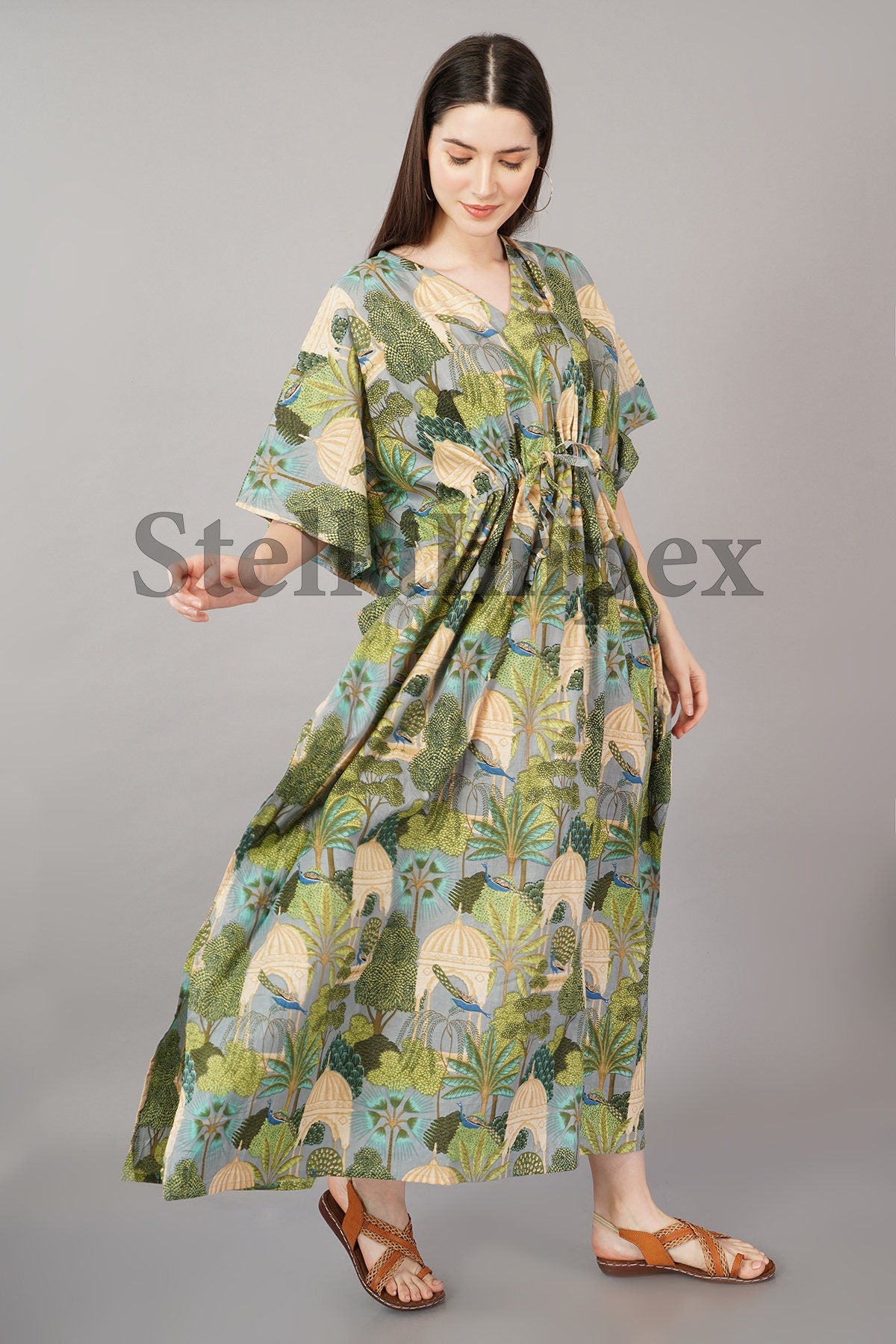 Trendy Cotton Kaftan Elegant Green & Grey Long Caftan Resort Wear Beach Dress Boho Kaftan, Gift for Her