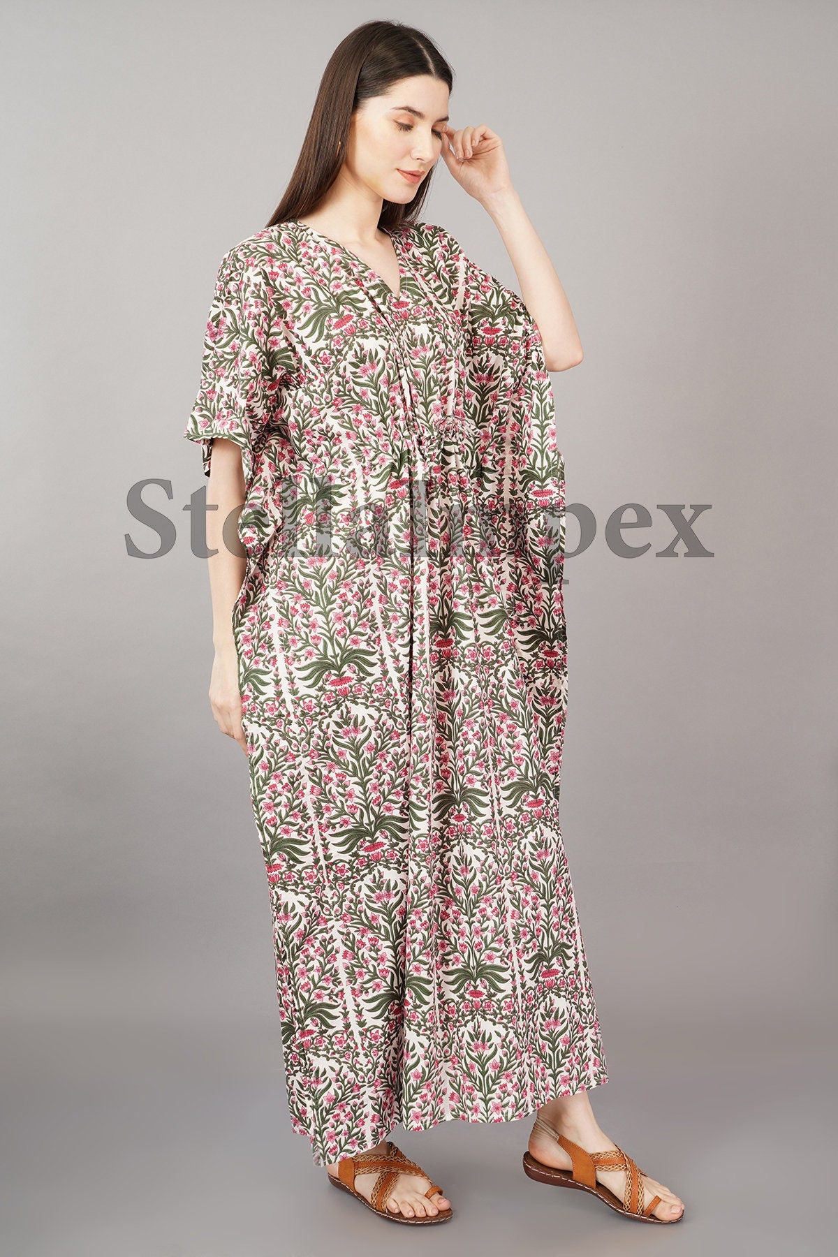 Indian Handmade Beautifull Cotton Kaftan Elegant Pink & Green Floral Long Caftan Resort Wear Beach Dress Boho Kaftan, Gift for Her
