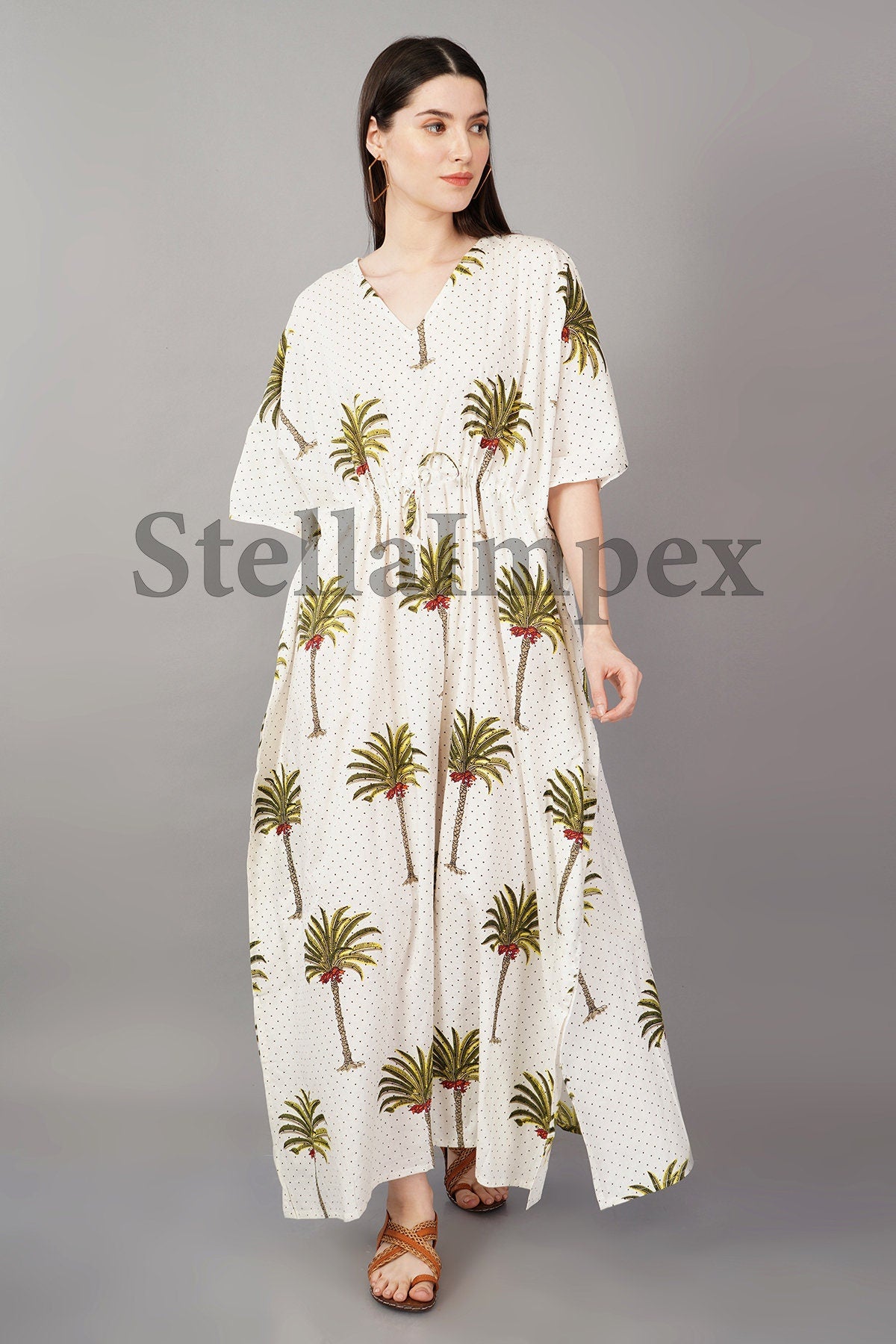 Indian Hand Block Printed Cotton Kaftan Classy White Long Caftan Resort Wear Beach Dress Boho Kaftan, Gift for Her