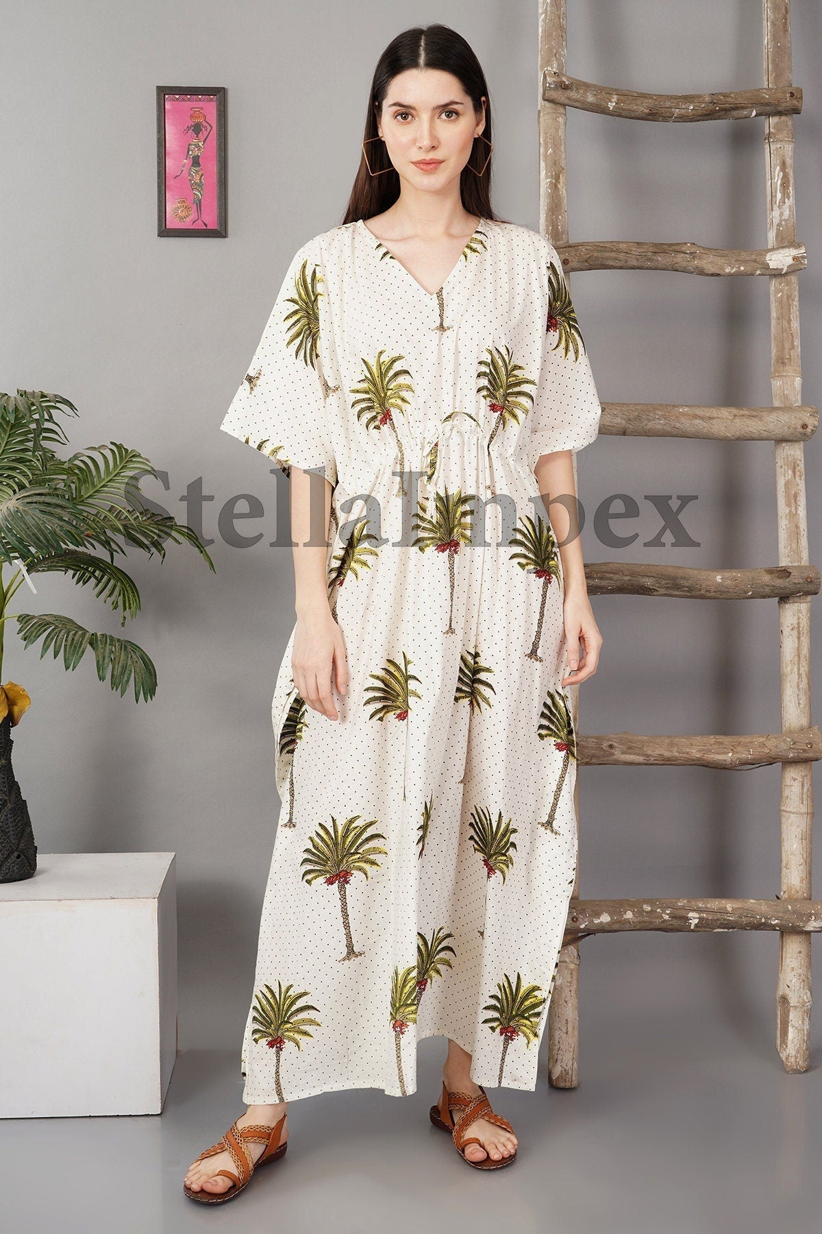 Indian Hand Block Printed Cotton Kaftan Classy White Long Caftan Resort Wear Beach Dress Boho Kaftan, Gift for Her
