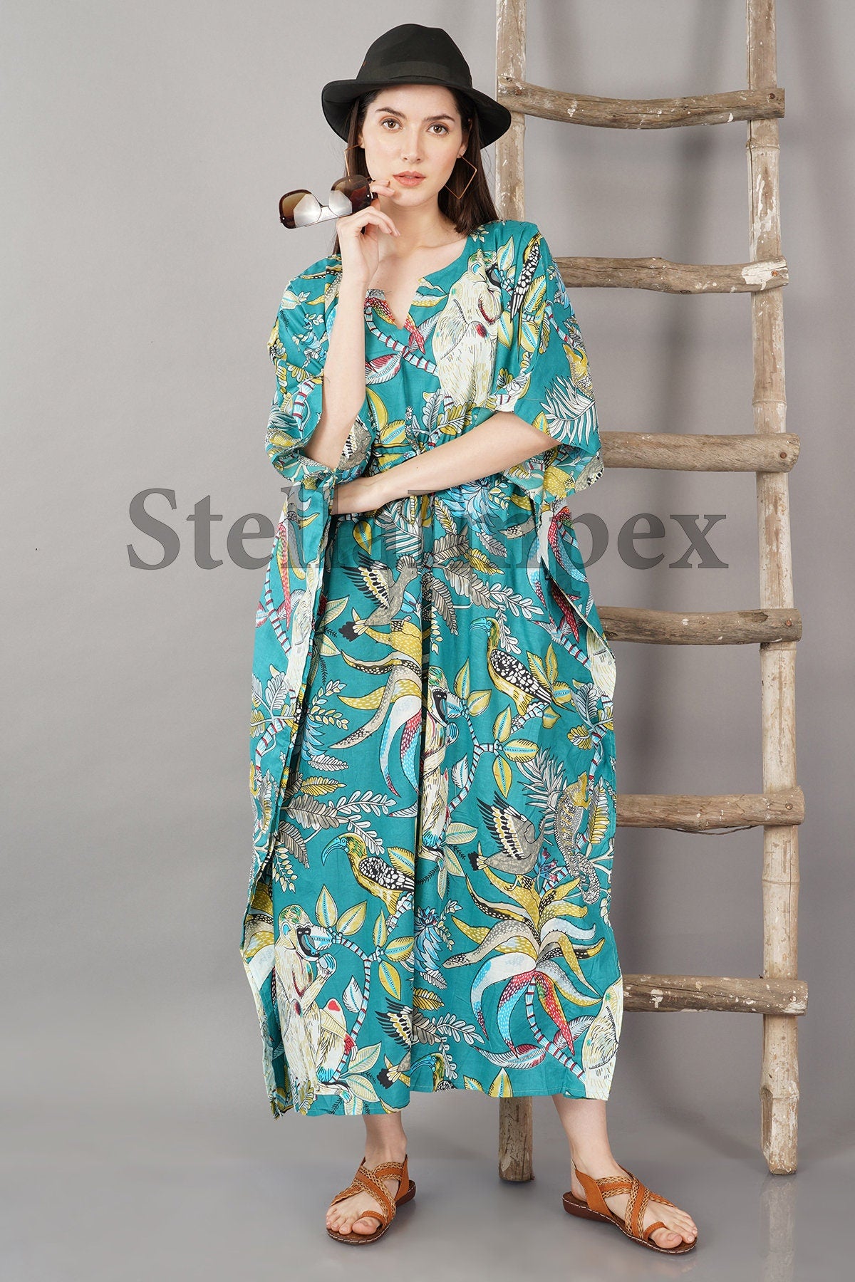 Indian Hand Printed Cotton Kaftan Classy Blue Long Caftan Resort Wear Beach Dress Boho Kaftan, Gift for Her