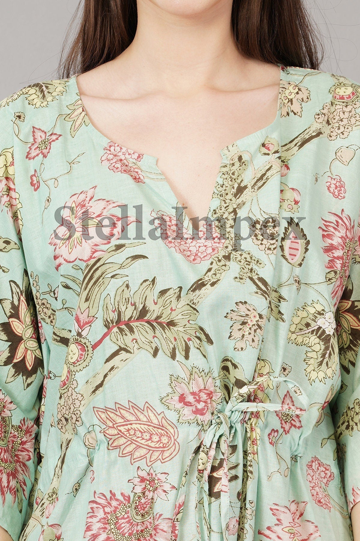 Indian Handprint Cotton Kaftan, Elegant Green Floral Long Caftan Resort Wear Beach Dress Boho Kaftan, Gift for Her