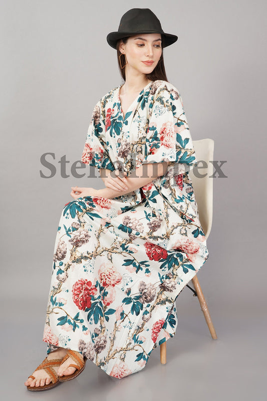 Beautifull Handmade Cotton Kaftan, Elegant White Floral Long Caftan Resort Wear Beach Dress Boho Kaftan, Gift for Her