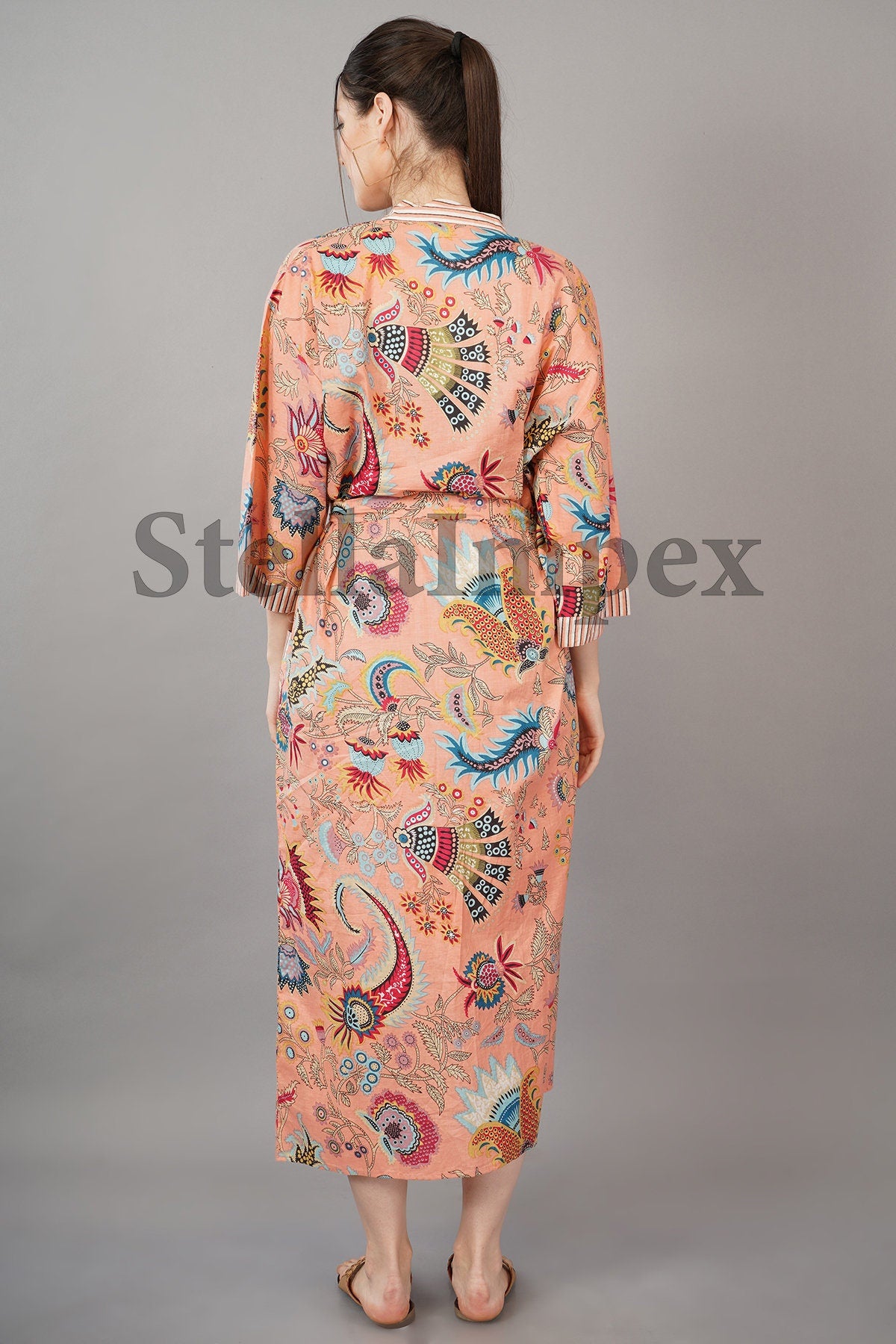 Trendy Cotton Kimono Elegant Peach Floral Bathrobe Resort Wear Beach Bikini Cover-ups Boho Kimono Bathrobe, Gift for Her