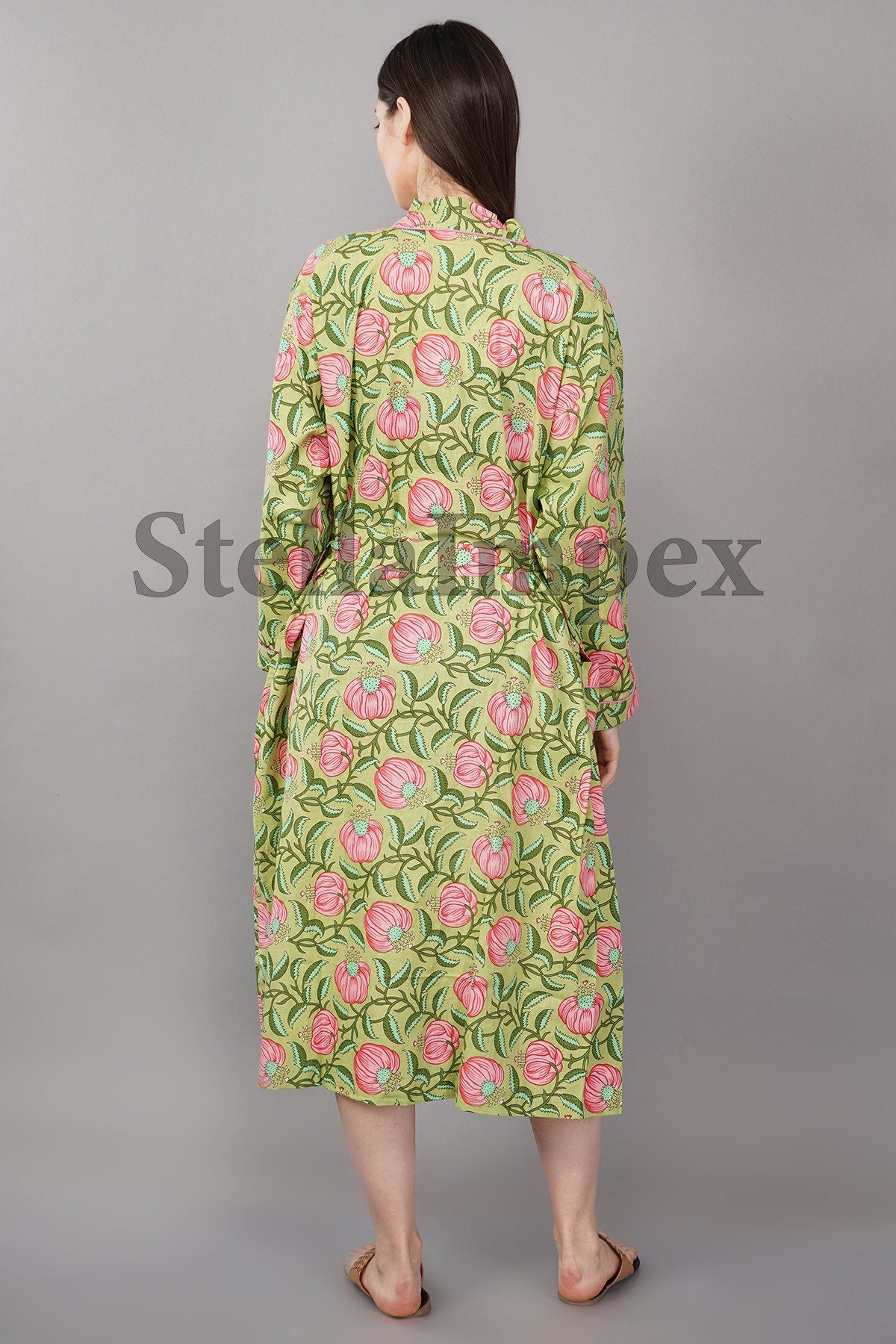 Trendy Cotton Kimono Elegant Green & Pink Floral Bathrobe Resort Wear Beach Bikini Cover-ups Boho Kimono Bathrobe, Gift for Her