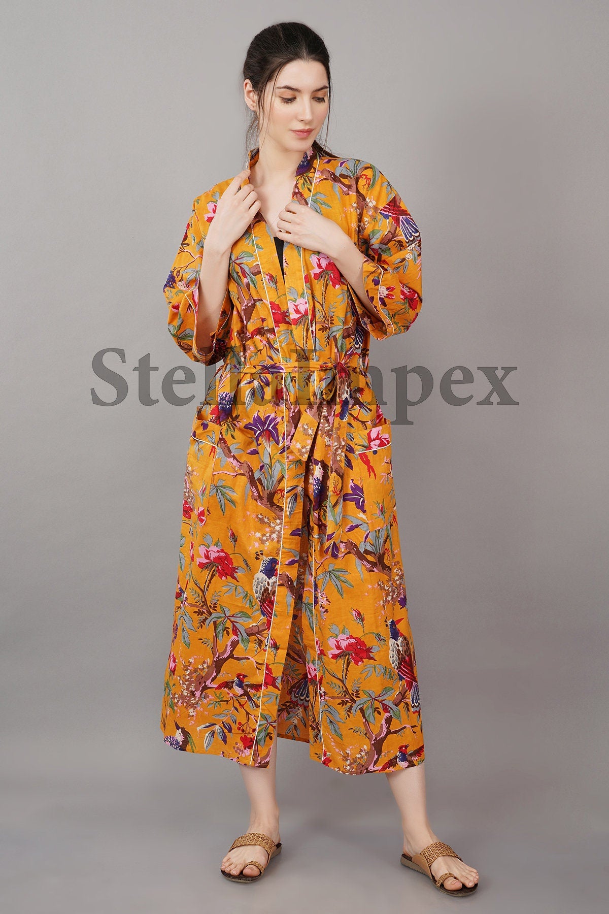 Trendy Cotton Kimono Elegant Bird Print Bathrobe Resort Wear Beach Bikini Cover-ups Boho Kimono Bathrobe, Gift for Her